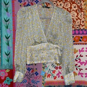 ZARA XS Boho Blue & Yellow Floral Blouse